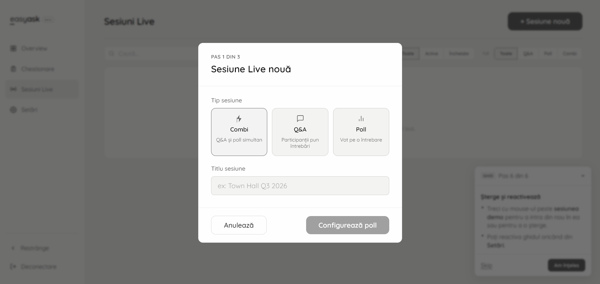 Creare sesiune live — tema light